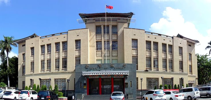KAOHSIUNG, TAIWAN -- JULY 25, 2015: A panoramic view of the Kaohsiung head office building of the Bank of Taiwan, built in the neo-classic style with Chinese flavor.
