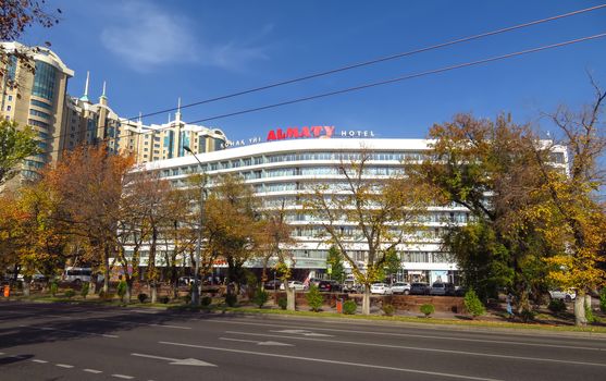 Almaty, Kazakhstan - October 30, 2019: Hotel "Almaty" was built in the late 60s of the last century and is a historical, architectural monument.