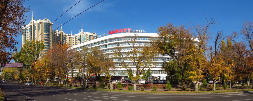 Almaty, Kazakhstan - October 30, 2019: Hotel "Almaty" was built in the late 60s of the last century and is a historical, architectural monument.