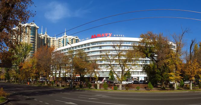 Almaty, Kazakhstan - October 30, 2019: Hotel "Almaty" was built in the late 60s of the last century and is a historical, architectural monument.