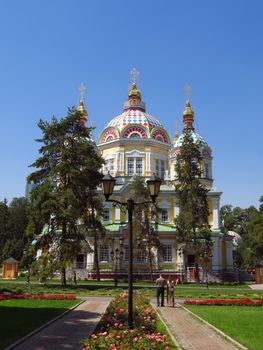 Almaty, Kazakhstan - August 11, 2019: Ascension Cathedral in Panfilov Park of Almaty, Kazakhstan
