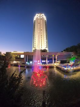 Almaty, Kazakhstan - August 8, 2019: Hotel "Kazakhstan". It is a famous historical monument in center of Almaty city. Built in 1977.