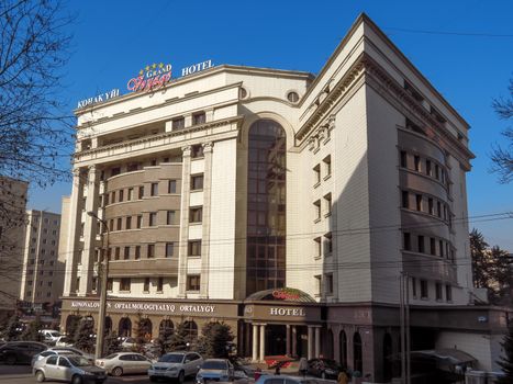 Almaty, Kazakhstan - January 25, 2019: Hotel Grand Voyage and Konovalov's Ophthalmology Clinic are located in the city of Almaty