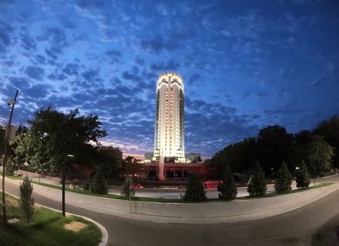 Almaty, Kazakhstan - August 8, 2019: Hotel "Kazakhstan". It is a famous historical monument in center of Almaty city. Built in 1977.