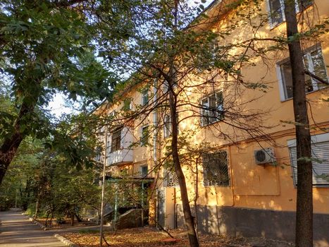 Almaty, Kazakhstan - August 28, 2019: Old houses along Nazarbayev street built in the middle of the 20th century