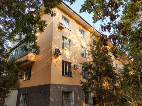 Almaty, Kazakhstan - August 28, 2019: Old houses along Nazarbayev street built in the middle of the 20th century