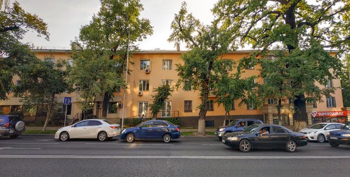 Almaty, Kazakhstan - August 28, 2019: Old houses along Nazarbayev street built in the middle of the 20th century