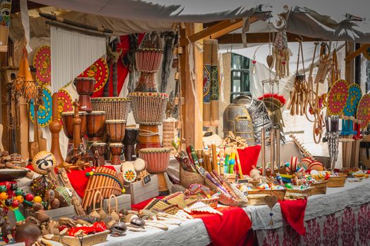 braga, portugal - May 23, 2018: display of handicrafts on a street market giving life to the Roman times during the event Braga Romana