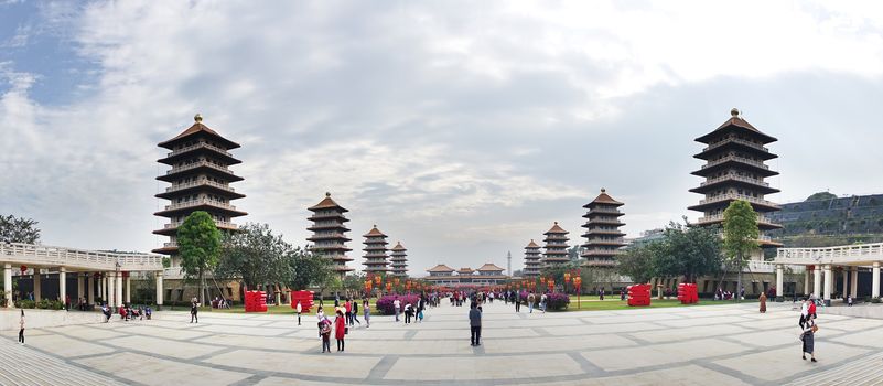 KAOHSIUNG, TAIWAN -- JANUARY 25, 2020: A panoramic view of the Buddha Memorial with its large pagodas at Fo Guang Shan Buddhist monastery.
