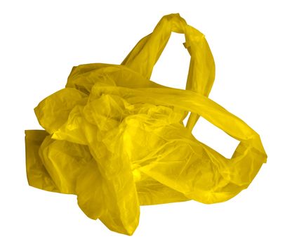 Yellow crumpled plastic bag isolated on white. Photo with clipping path.