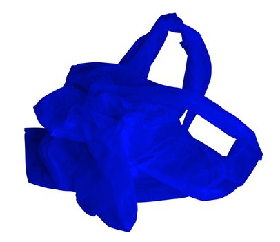 Blue crumpled plastic bag isolated on white. Photo with clipping path.