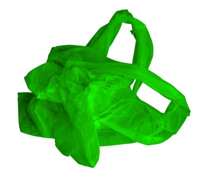 Green crumpled plastic bag isolated on white. Photo with clipping path.