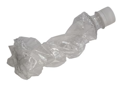 Crushed plastic bottle isolated on white. Photo with clipping path.