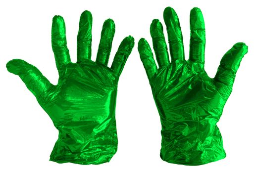 Disposable green plastic gloves isolated on white. Clipping path included.