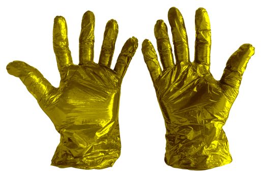 Disposable yellow plastic gloves isolated on white. Clipping path included.