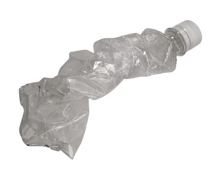 Crushed plastic bottle isolated on white. Photo with clipping path.