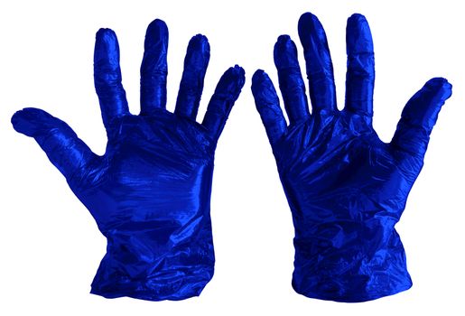 Disposable blue plastic gloves isolated on white. Clipping path included.