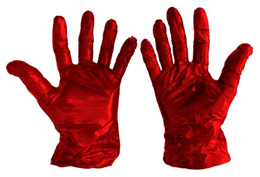 Disposable red plastic gloves isolated on white. Clipping path included.