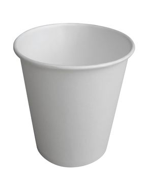 Empty white paper cup isolated on white. Clipping path included.