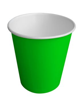 Empty green paper cup isolated on white. Clipping path included.