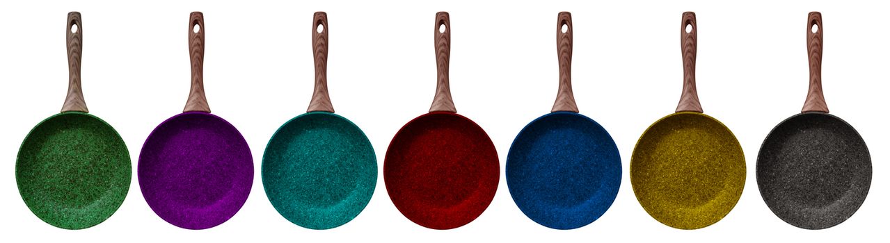 Colorful Stone Coated Frying Pans isolated on white.
