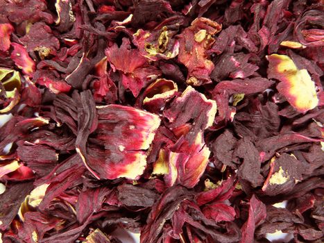 Background of hibiscus dried leaves. Jamaica flower for herbal tea from hibiscus.