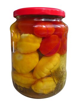 Jar of canned tomatoes and squash isolated on white. Clipping path included.