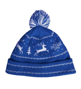 Blue knitted hat isolated on white background. Clipping Path included.