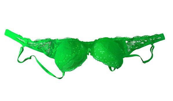 Green lace brassiere isolated on white. Clipping Path included.