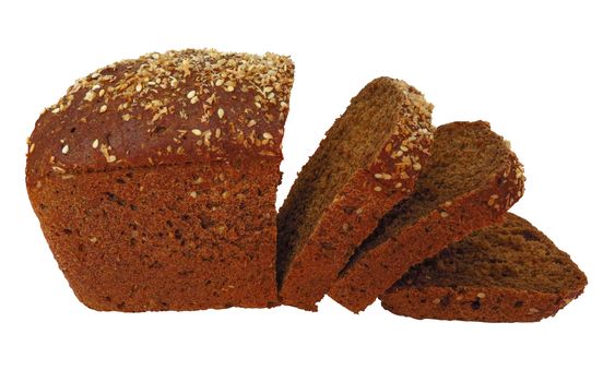 Loaf and slices of rye bread with linseeds and sunflower seeds isolated on white. Clipping Path included.