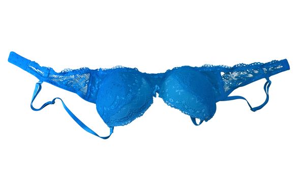 Blue lace brassiere isolated on white. Clipping Path included.