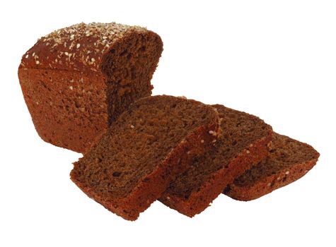 Loaf and slices of rye bread with linseeds and sunflower seeds isolated on white. Clipping Path included.