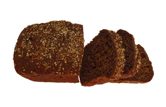 Loaf and slices of rye bread with linseeds and sunflower seeds isolated on white. Clipping Path included.