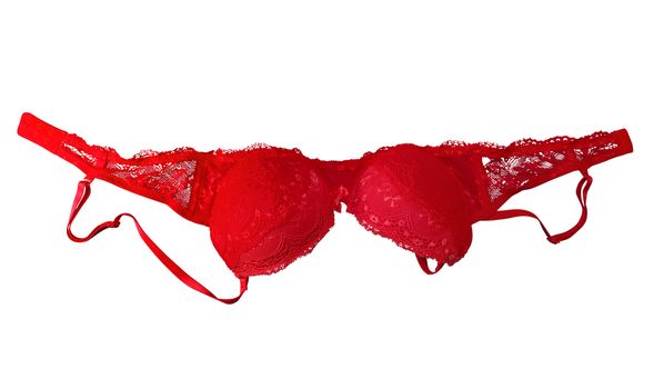 Red lace brassiere isolated on white. Clipping Path included.