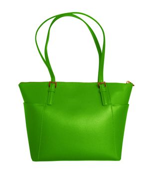 Luxury green leather handbag isolated background. Clipping Path included.