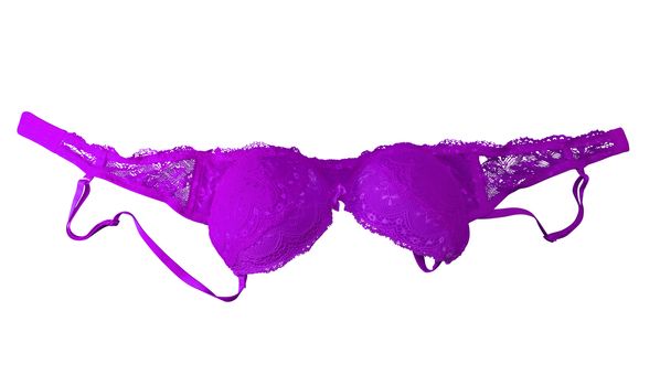 Purple lace brassiere isolated on white. Clipping Path included.