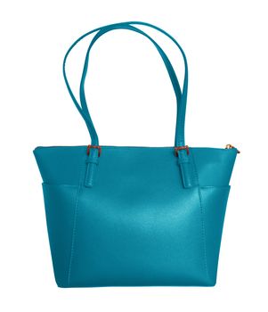 Luxury light blue leather handbag isolated background. Clipping Path included.