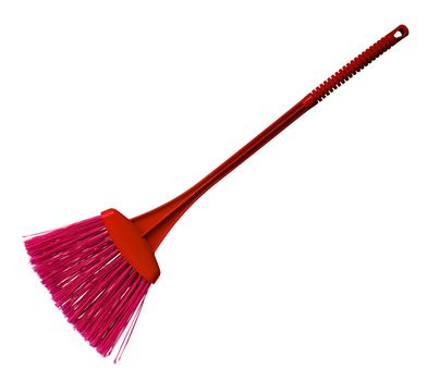 Red plastic broom with long handle isolated on white. Clipping Path included.