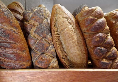 Fresh baked rustic bread stall in France