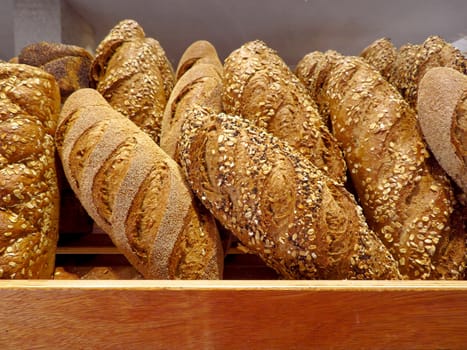 Fresh baked rustic bread stall in France