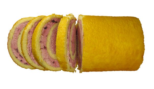 Sponge cake roll isolated on white background, with berry cream. Photo with clipping path.