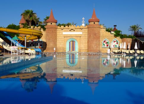 Belek, Turkey - June 29, 2019: Pool of the Belek Beach Resort Hotel. This hotel is a fashionable place of tourists. Was rebuilt  in 2005.