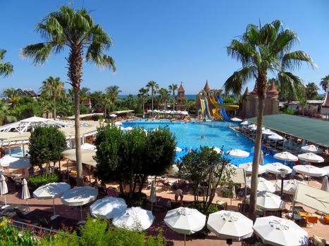 Belek, Turkey - June 24, 2019: Pool of the Belek Beach Resort Hotel. This hotel is a fashionable place of tourists. Was rebuilt  in 2005.