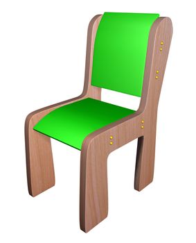 Green wooden small chair for children isolated on white. 3D rendering.