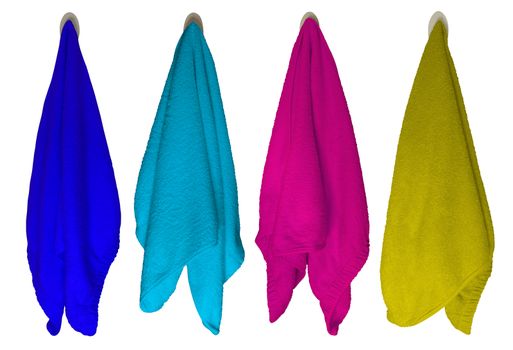 Colorful towels hanging on hooks isolated on white background. Clipping Path included.