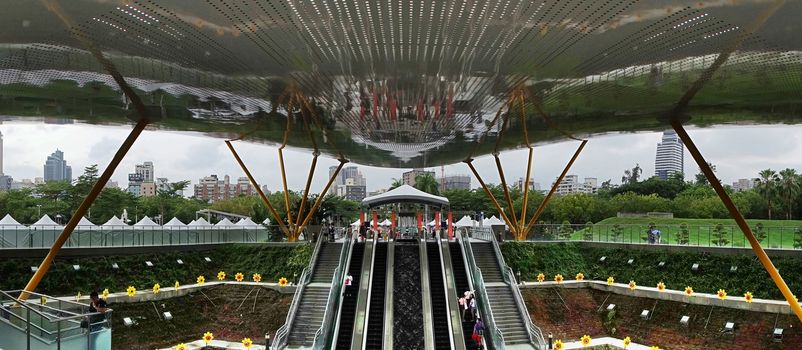 KAOHSIUNG, TAIWAN -- AUGUST 18, 2018: The modern design of the Central Park Station exit of the Kaohsiung subway system.
