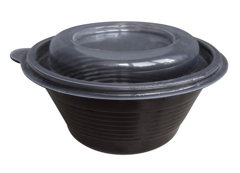 Closed plastic food packaging box isolated on white with Clipping Path