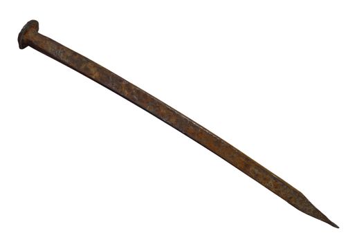 Rusted railroad large nail isolated on white. Clipping Path included.