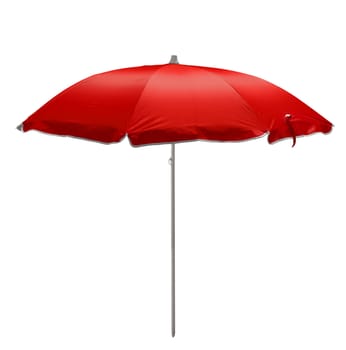 Red beach umbrella isolated on white. Clipping path included.