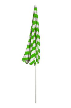 Closed green striped beach umbrella isolated on white. Clipping path included.